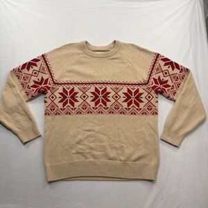 Eddie Bauer Sweater Nordic Snowflake‎ Fair Isle Cotton Tan Red Mens Large